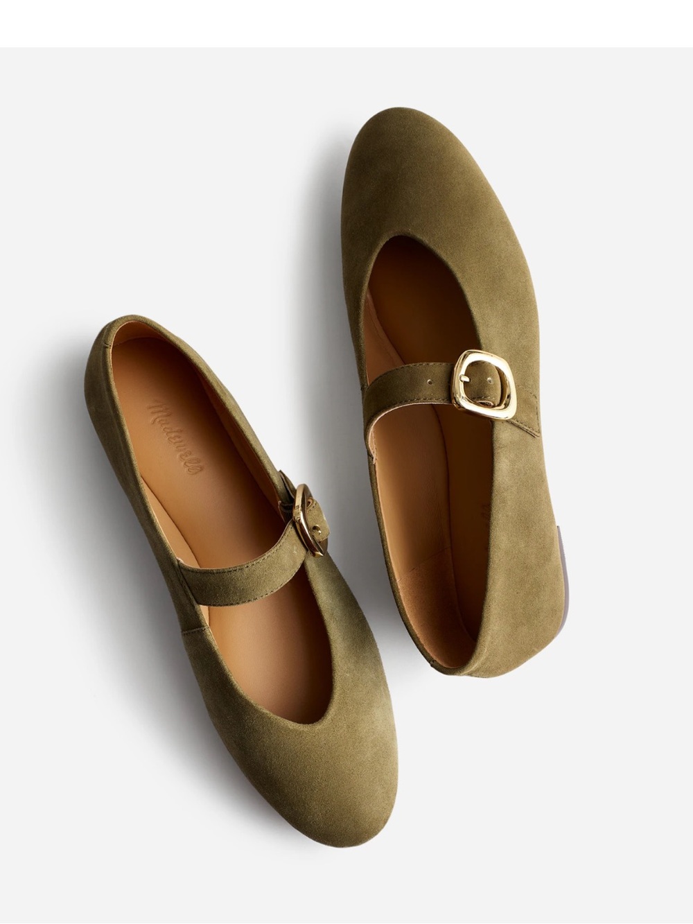 NWOB. Madewell Olive Suede Mary Jane Flats with Gold Buckle